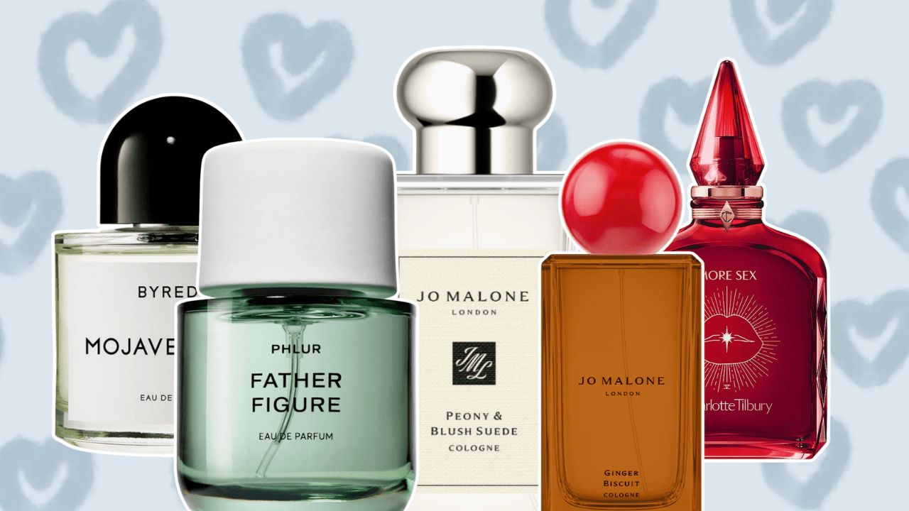 Blue background with heart illustrations and five perfume bottles.