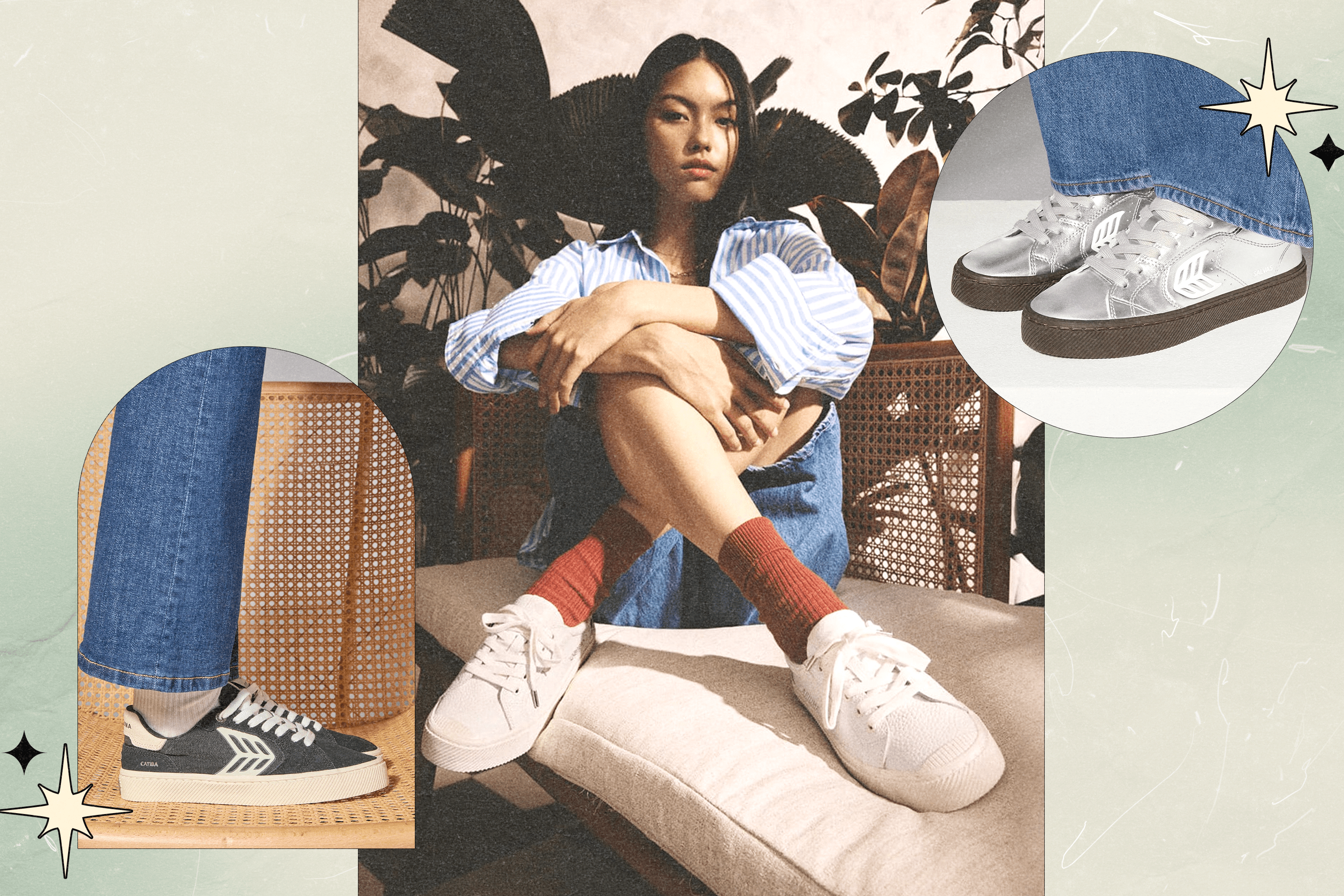 Three models wearing Cariuma women's sneakers