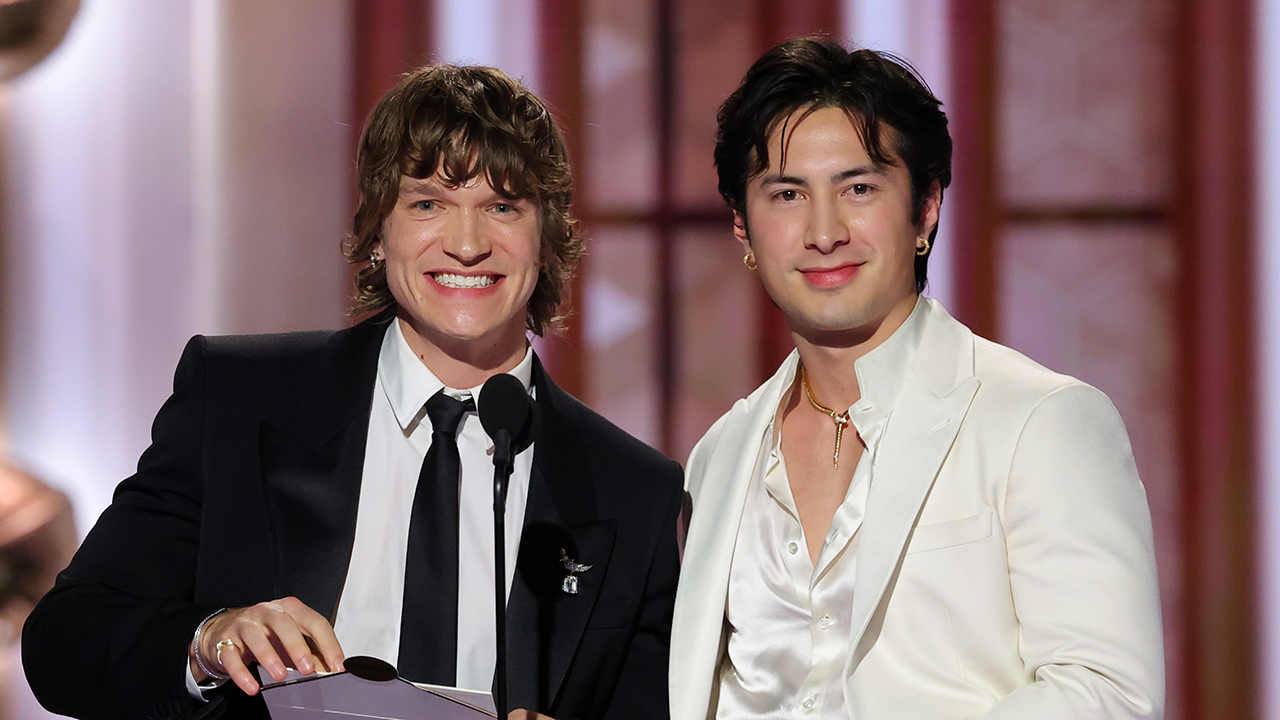 Connor Storrie, Hudson Williams at the 83rd Annual Golden Globes held at The Beverly Hilton on January 11, 2026 in Beverly Hills, California.