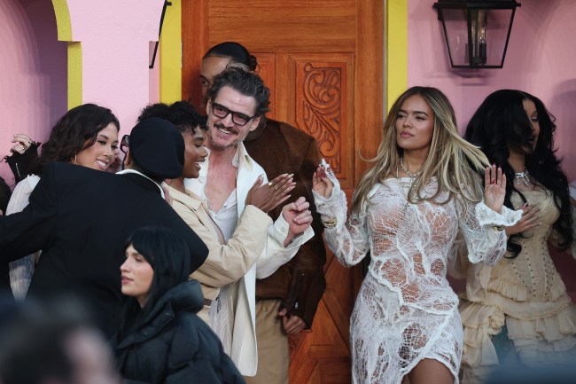 SANTA CLARA, CALIFORNIA - FEBRUARY 08: (L-R) Pedro Pascal, Karol G and Cardi B perform onstage during the Apple Music Super Bowl LX Halftime Show at Levi's Stadium on February 08, 2026 in Santa Clara, California.