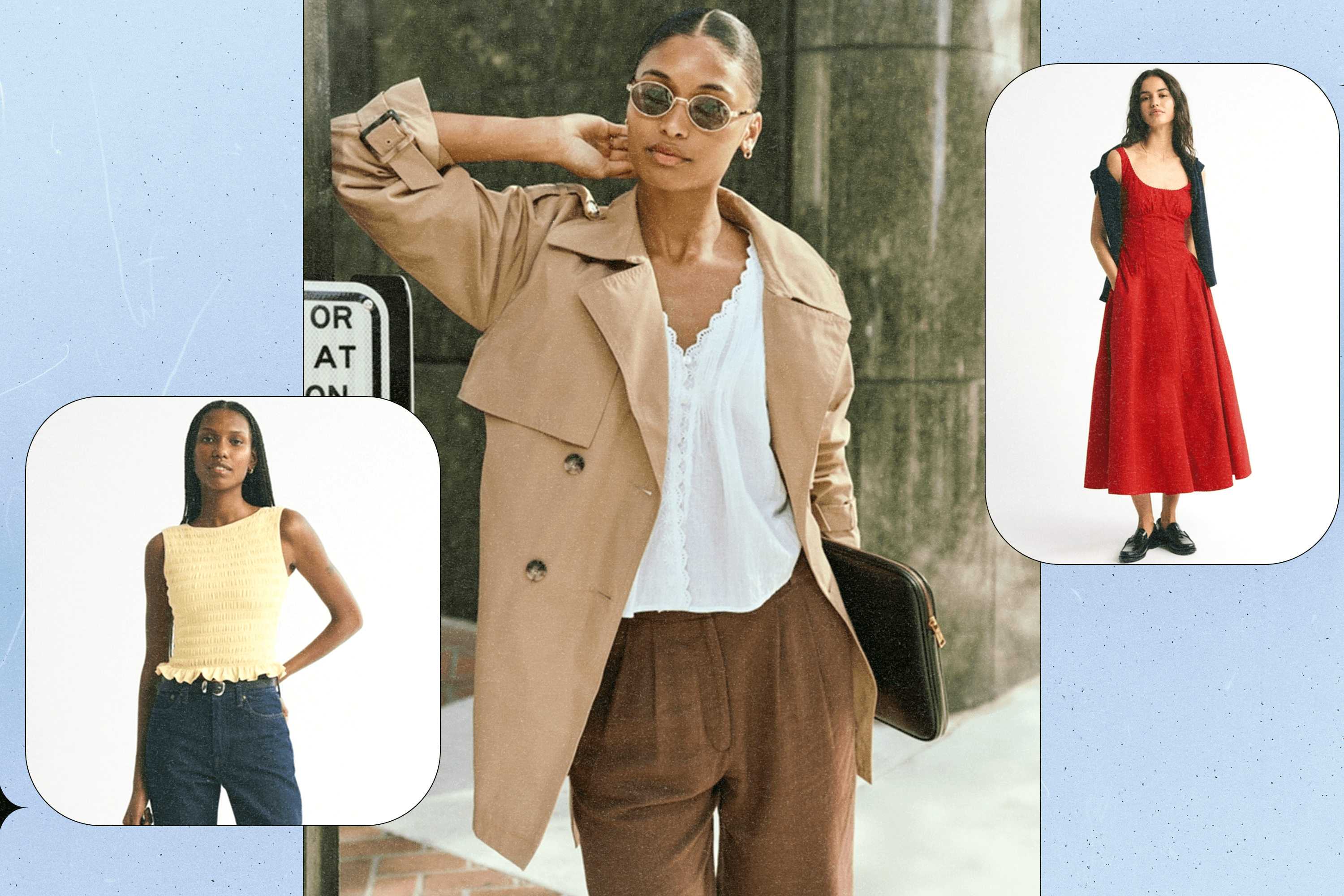 Left to Right: an Abercrombie model wearing a canary yellow ruched, sleeveless, ruffle top and dark rinse jeans; an Abercrombie model wearing a beige, mid-length trench coat with a white top and brown pants; an Abercrombie model wearing a bright red, long dress with a sweater draped over the shoulders.