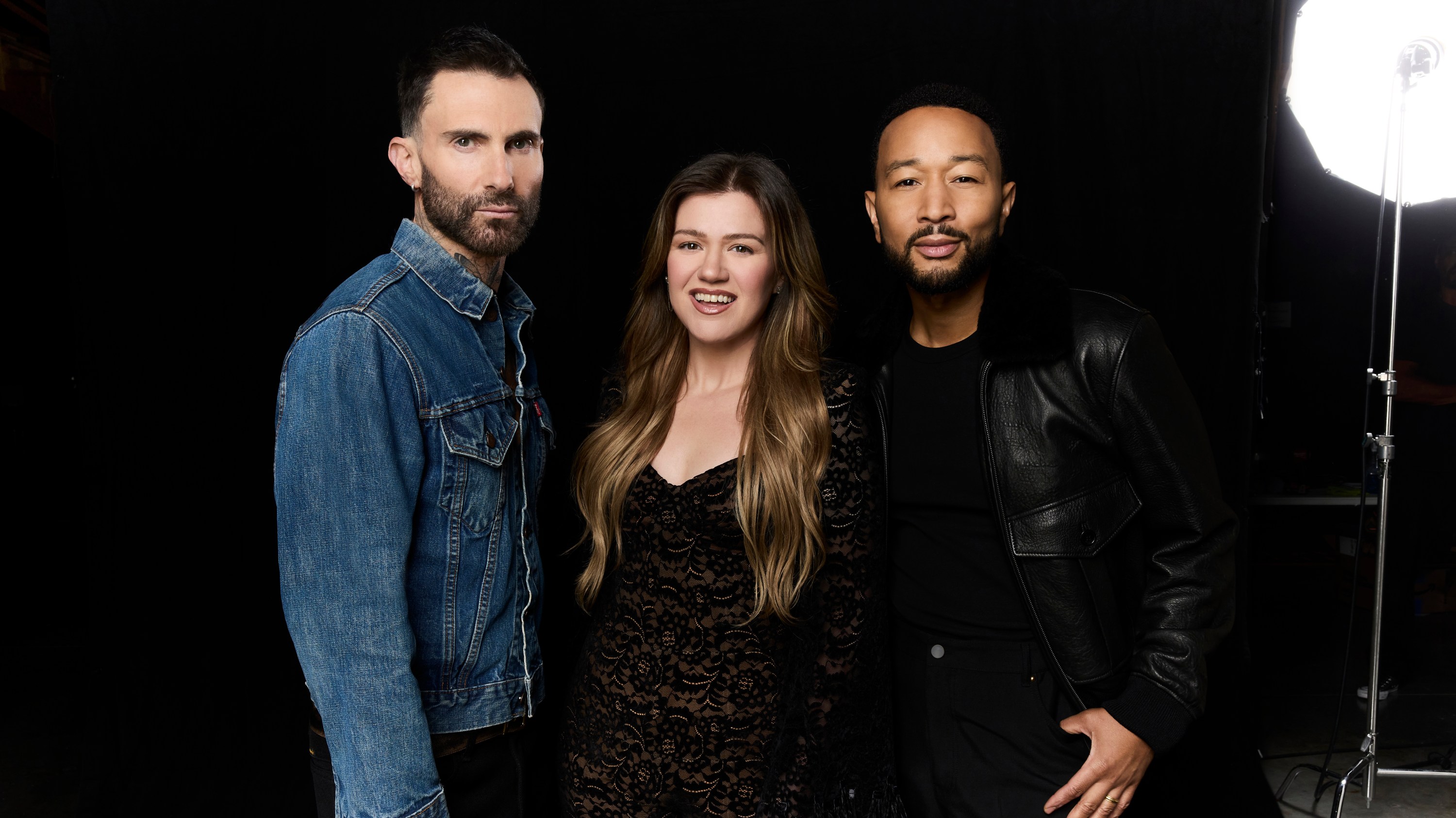 THE VOICE -- Season: 29 -- Pictured: (l-r) Adam Levine, Kelly Clarkson, John Legend