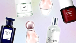 A collage of perfume bottles from fine'ry, Ouai, Kylie Cosmetics, By Rosie Jane, and PHLUR.